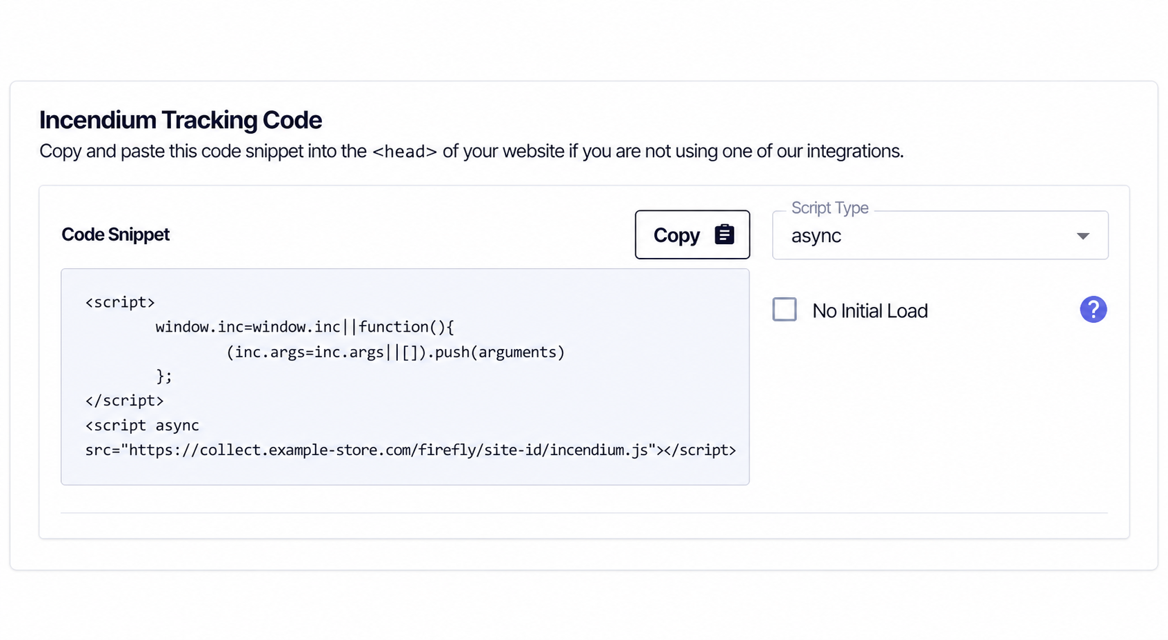 Incendium tracking code settings with a documentation-safe example URL