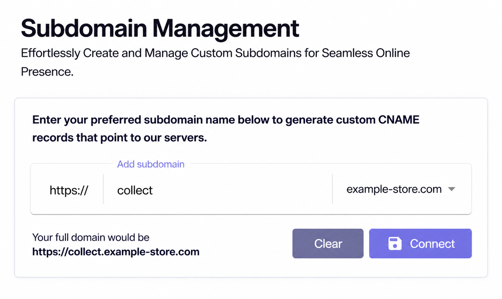 Incendium Subdomain Management form with a documentation-safe example domain