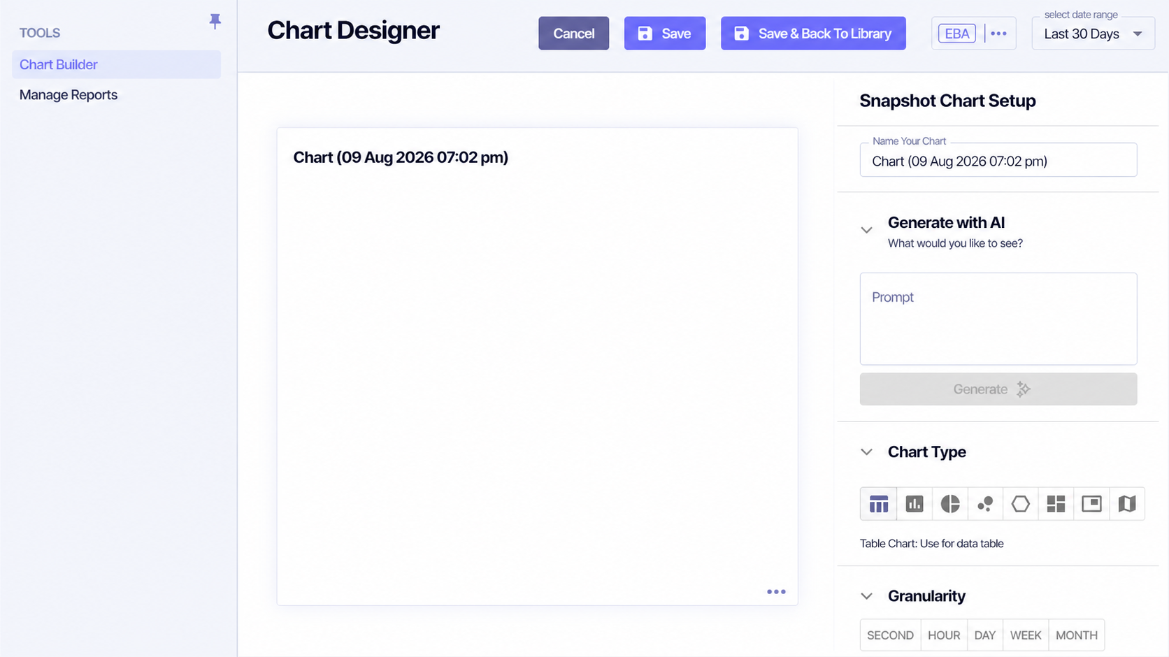 Incendium Chart Designer with chart type, date range and AI generation controls