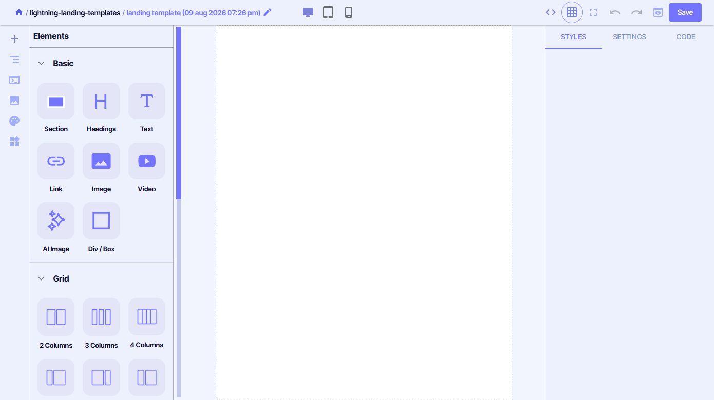 Incendium visual landing-page builder with reusable elements, responsive previews and editing tabs