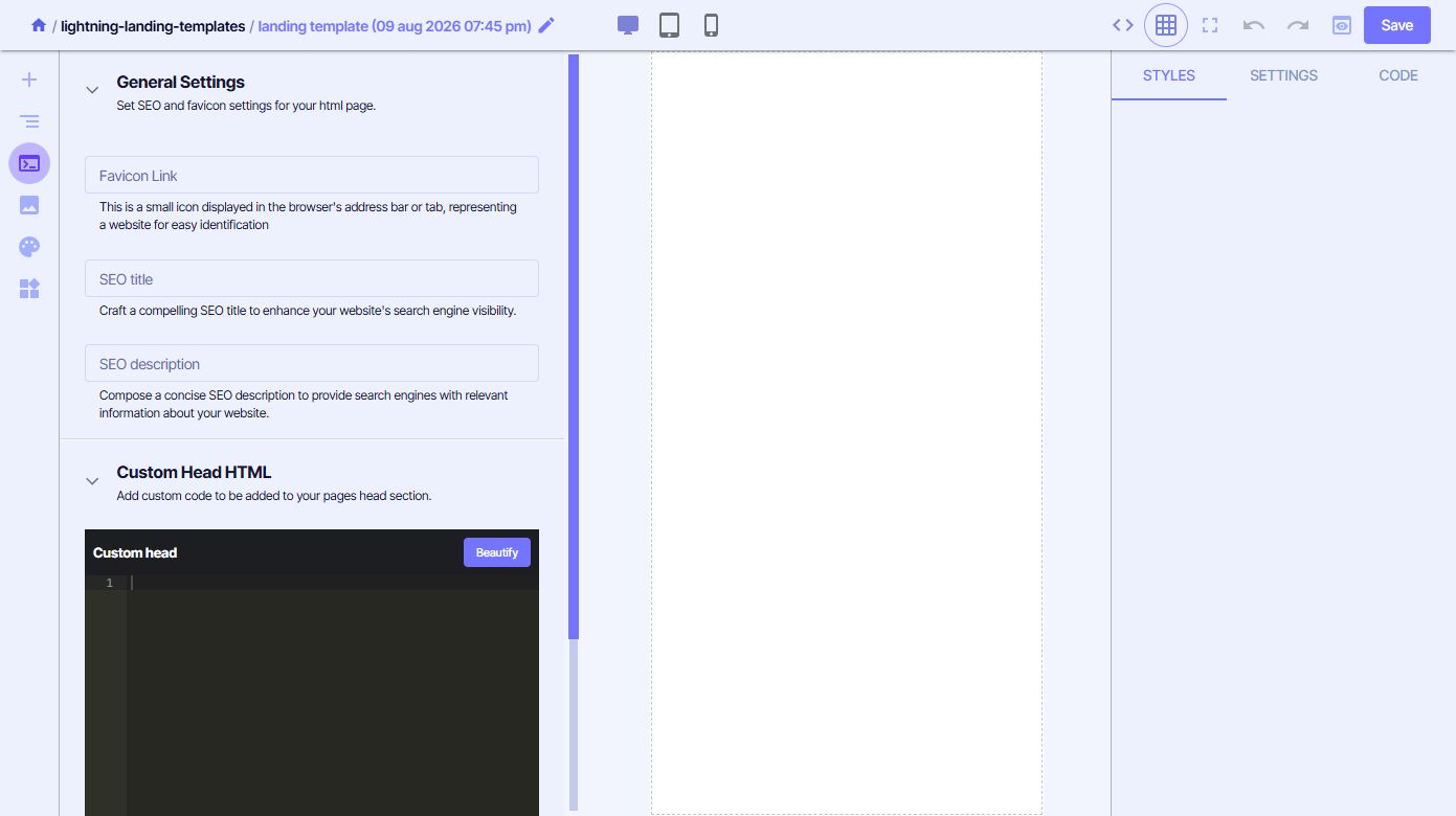 Incendium WYSIWYG Builder page settings for favicon, SEO metadata and custom head HTML