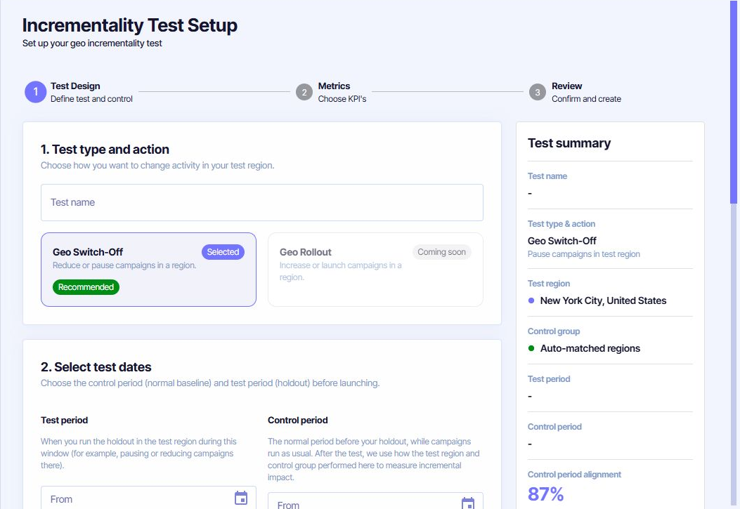Incendium geo incrementality test setup showing test design, dates, region and matched control group
