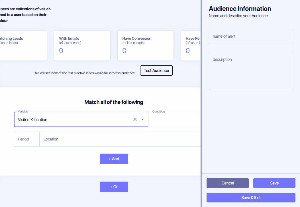 Incendium Audience builder with test summary, behavioural rule and Audience information controls