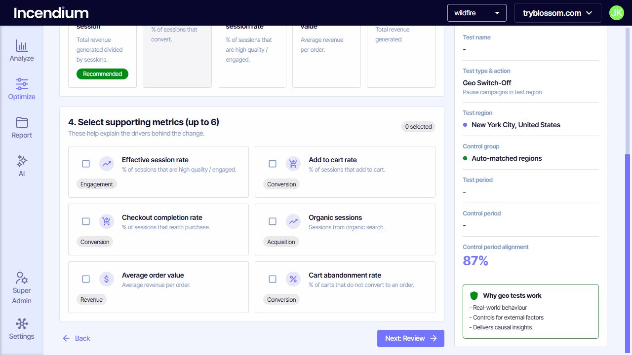 Incendium incrementality test metrics stage with primary and supporting metric choices