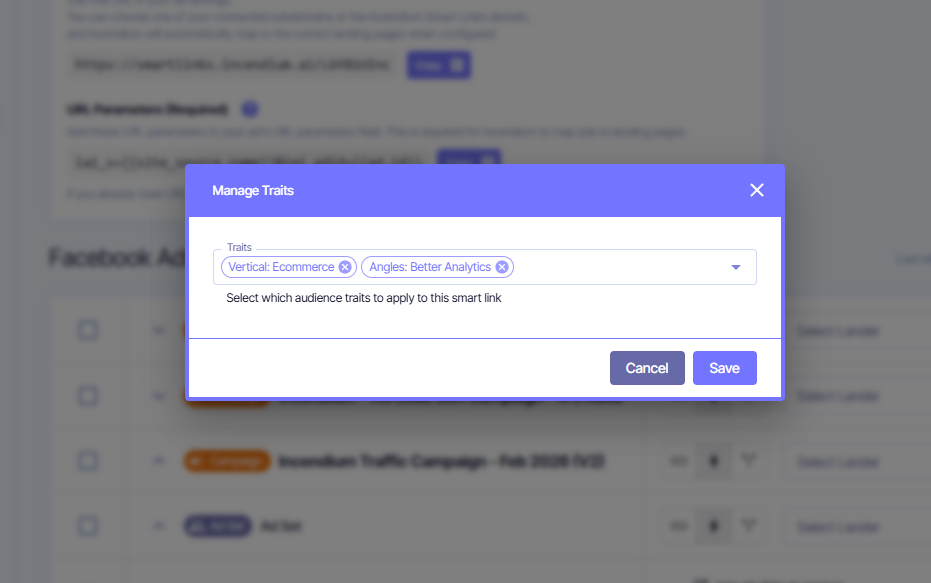 Incendium Manage Traits interface for audience tagging